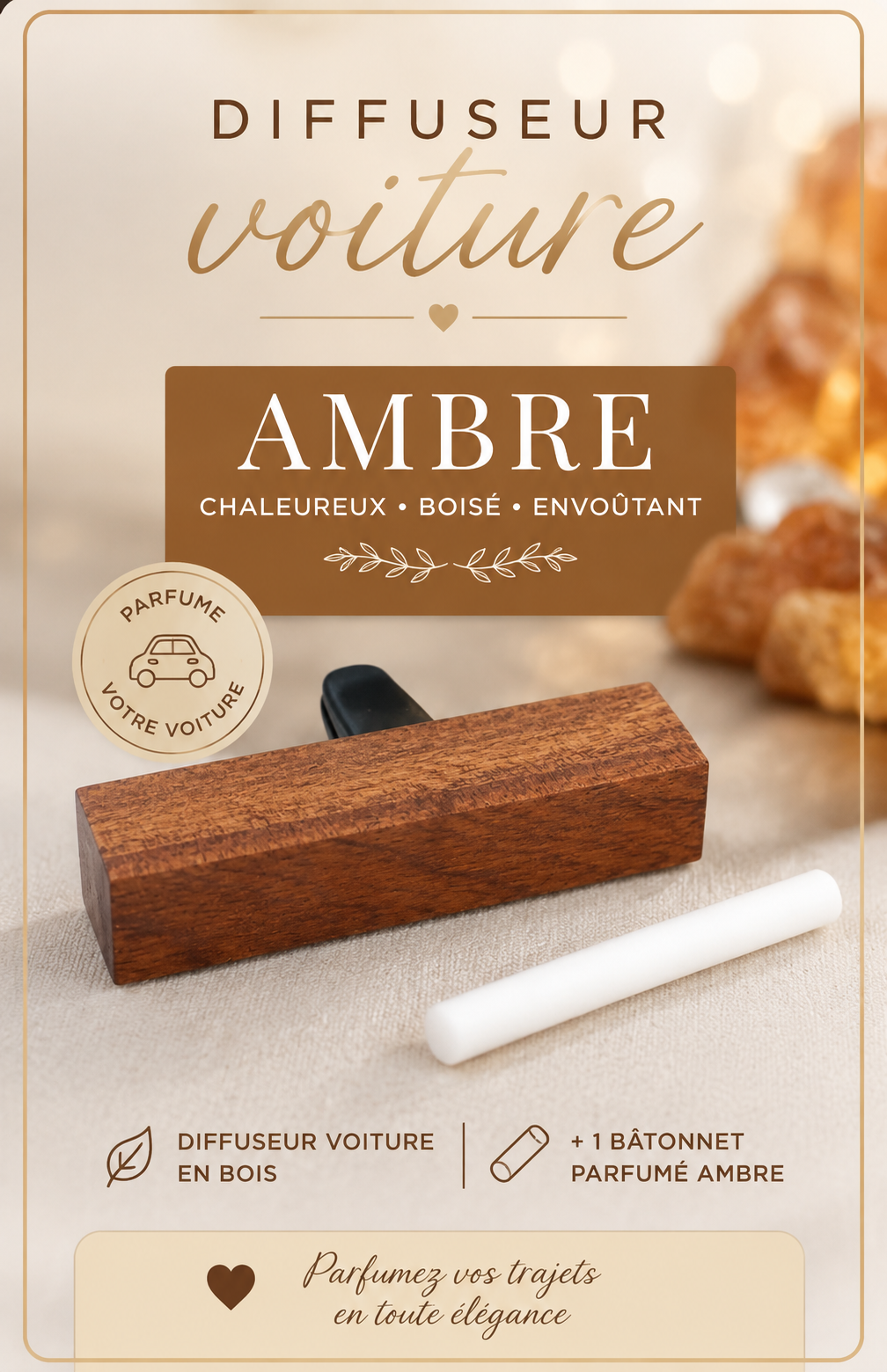 Diffuseur voiture Ambre en bois
