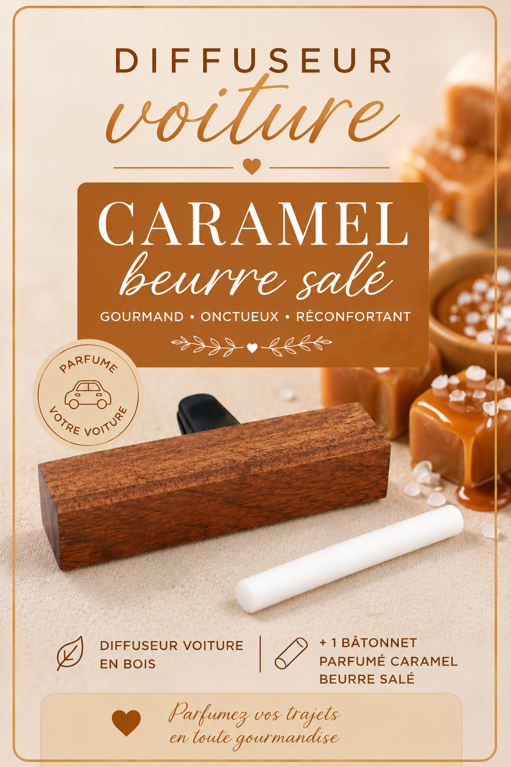 Diffuseur voiture Caramel Beurre Salé en bois